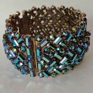 Signed Sherman Iridescent Blue-Green Aurora Borealis Crystal Rigid Cuff Bracelet